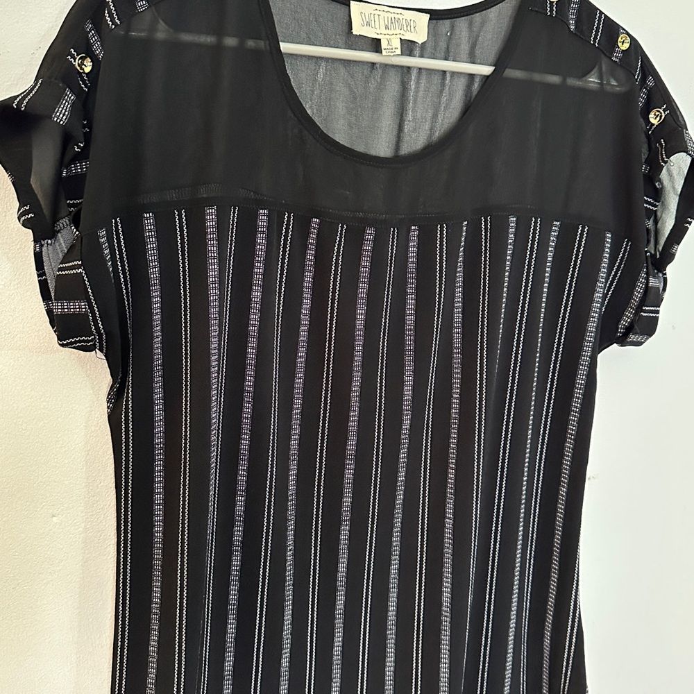 Sweet Wanderer Black Sheer Yoke Striped Short Sleeve Top